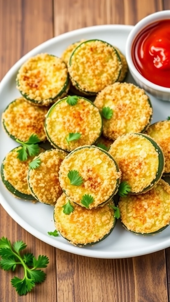 Crispy air fryer zucchini rounds on a plate with marinara sauce, garnished with parsley.